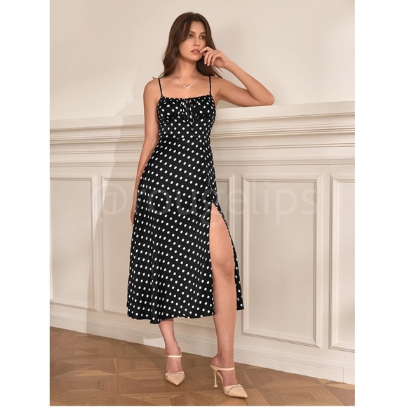 French Style Polka Dot Black Midi Dress Leg Slit - Picture 11 of 16